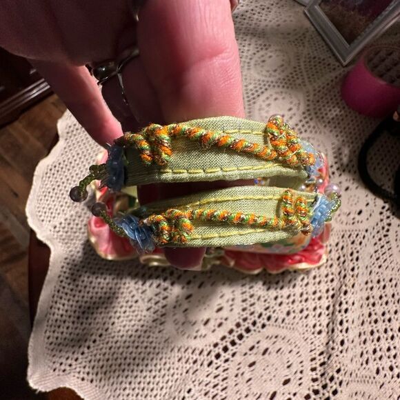 Mary Frances Floral Beaded Ruffled Small Handbag Pink Yellow - Picture 3 of 12